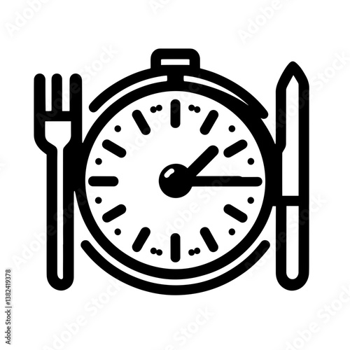 Timer with fork and knife in minimalist design, black and white, mealtime concept
