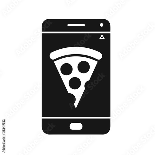 Smartphone with pizza slice illustration in minimalist design, black and white, food ordering concept