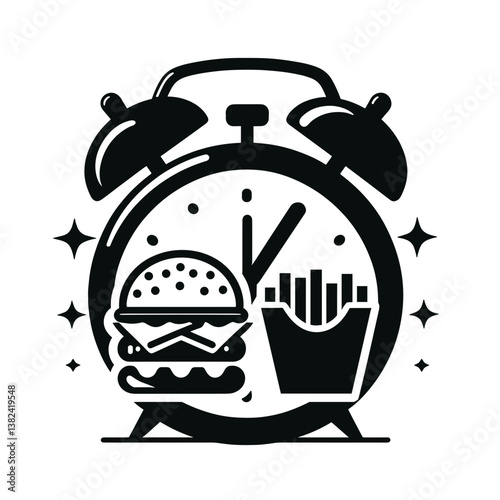 Burger and fries next to alarm clock in vintage style, black and white, fast food concept