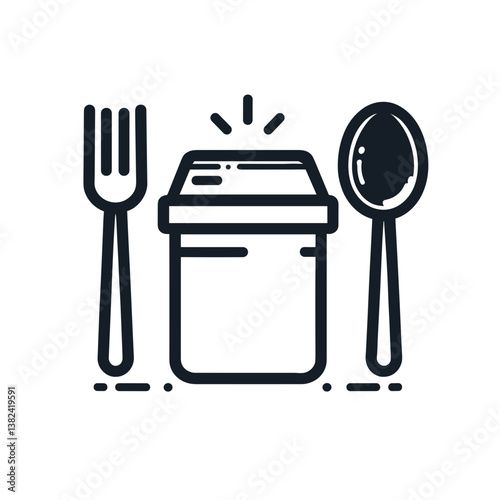 Food jar with spoon and fork in minimalistic style, black outline, dining concept
