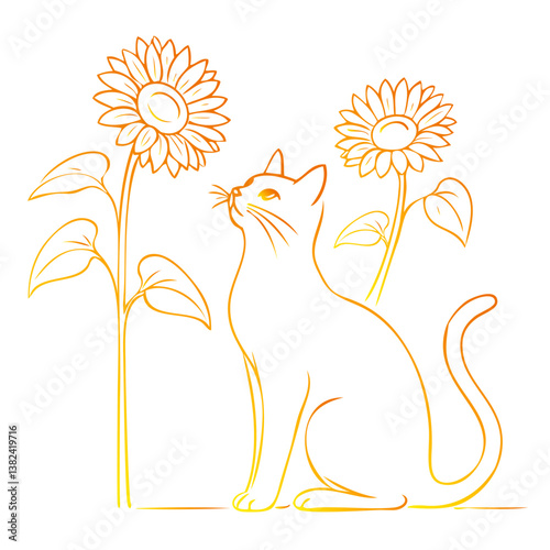ひまわりを見上げる猫
