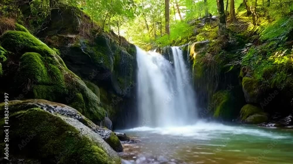 Flowing Waterfall in Lush Green Forest Cascading Over Mossy Rocks Flowing Waterfall in Lush Green Forest Cascading Over Mossy Rocks