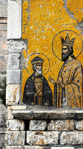Ancient Gold And Black Mosaic Depicting Religious Figures On Stone Wall