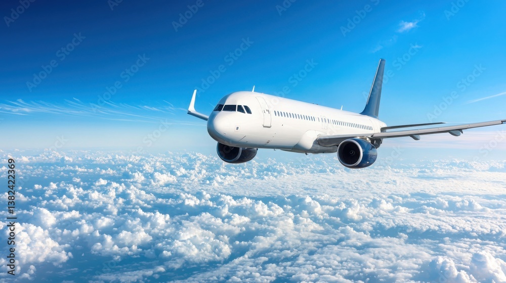 High Altitude Aerial View of an Aircraft Cruising Above White Clouds in Clear Blue Sky High Altitude Aerial View of an Aircraft Cruising Above White Clouds in Clear Blue Sky