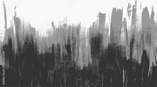 Bold monochromatic abstract composition with black and gray brushstrokes fading into a white background. Dramatic contrast and rough, expressive texture, grunge-inspired painting
