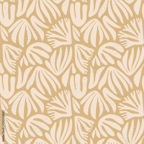 Seaweed silhouette seamless pattern. Hand drawn doodle illustration. Underwater sea life summer holiday. Beige sandy seaweed, algae design element set