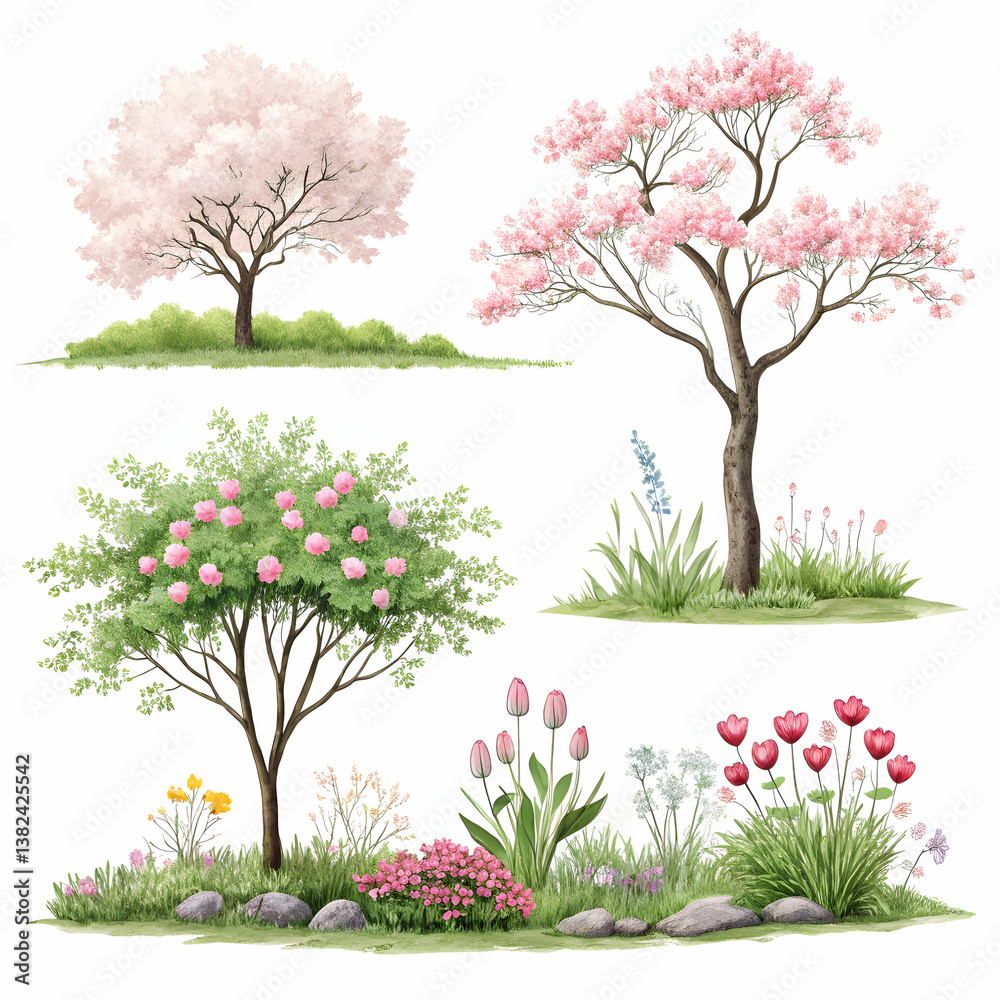 Obraz premium Hand-painted spring trees and shrubs botanical watercolor set for seasonal landscape art