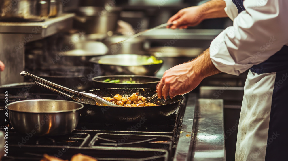 A chef cooking in a professional kitchen, focusing on saut?ing ingredients in a pan. A chef cooking in a professional kitchen, focusing on saut?ing ingredients in a pan.