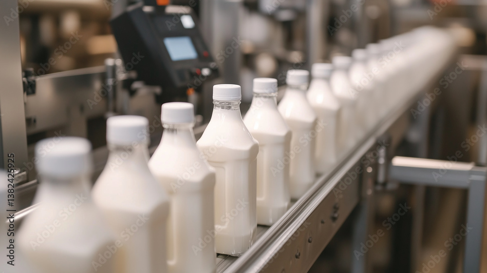 In the milk bottling plant, an automated conveyor system rotates to fill and relocate bottles, ensuring a streamlined packaging process. In the milk bottling plant, an automated conveyor system rotates to fill and relocate bottles, ensuring a streamlined packaging process.