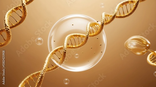 Golden DNA molecule inside cosmetic essence bubble. Anti-aging skin serum ingredient. Gold chromosome stem cells. Advanced biotech tech for beauty treatment, rejuvenation therapy. Nano molecular