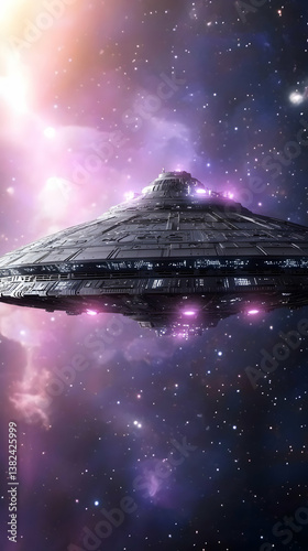 Futuristic Spaceship Soaring Through a Purple Nebula Galaxy
