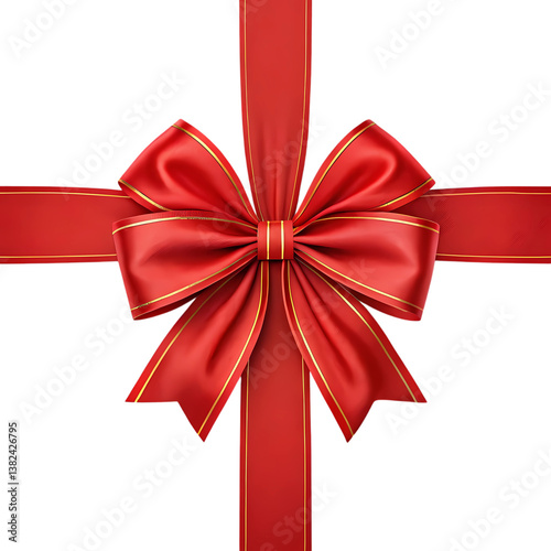  large red ribbon bow in the centre of a long straight piece of ribbon to be used as a birthday or Christmas banner, border isolated 