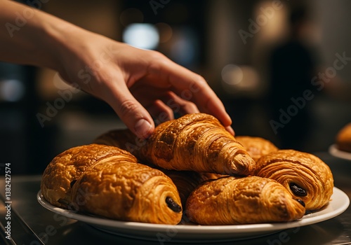 A hand gently selects a warm, golden croissant from a plate of freshly baked pastries, a moment of pure indulgence under soft, warm lighting.