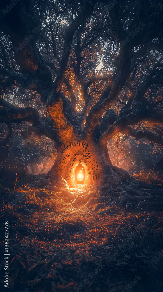 Glowing Orange Tree in Dark Forest at Night Glowing Orange Tree in Dark Forest at Night