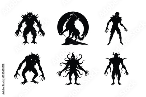 Six Spooky Monster Silhouettes for Halloween or Fantasy Design
