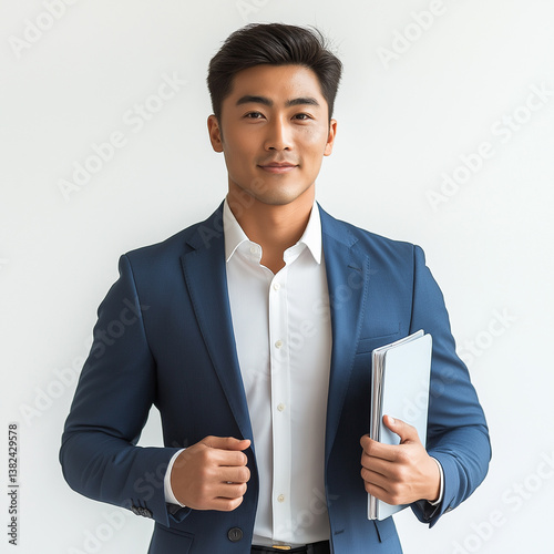 A handsome young asian man in a blue suit is holding the bank account passbook, which has an all-glass design with a back button and flat edges, showcasing its modern aesthetics. The background featur