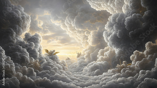 Golden Light Above Fluffy White Clouds Dreamlike Celestial Scene