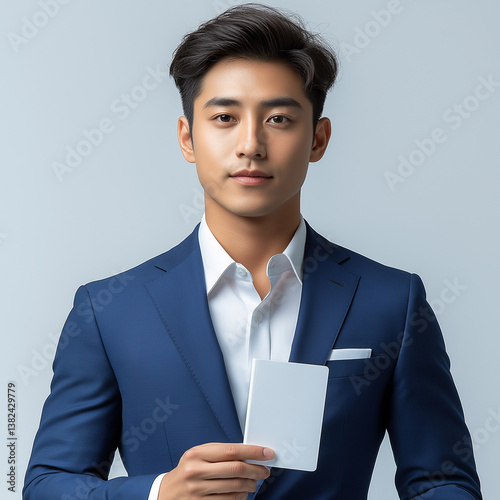 A handsome young asian man in a blue suit is holding the bank account passbook, which has an all-glass design with a back button and flat edges, showcasing its modern aesthetics. The background featur