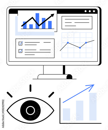 Computer screen showing graphs, statistical progress, and checklists. Eye represents insight or observation. Line graph emphasizes growth. Ideal for analytics, performance review, marketing, business