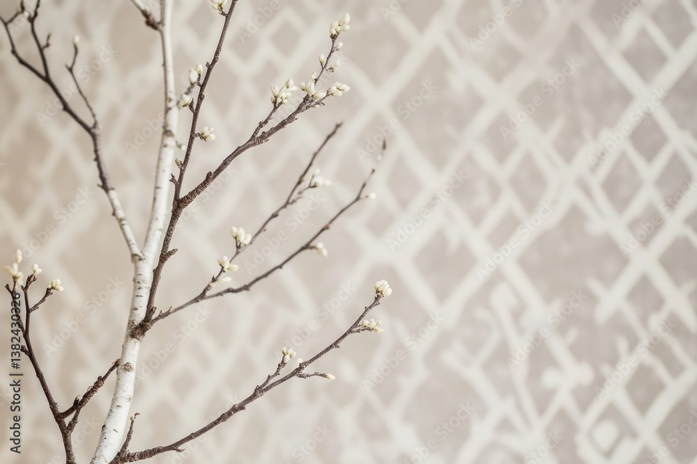 Naklejka premium Delicate branch with small white buds against a beige, patterned background.