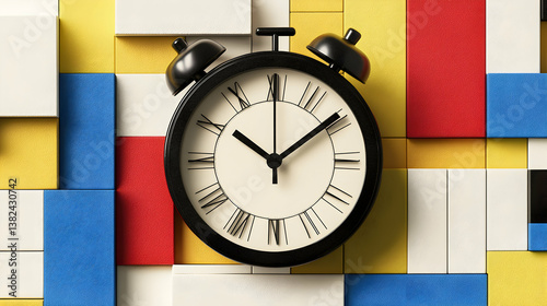 Black Alarm Clock on Colorful Geometric Blocks