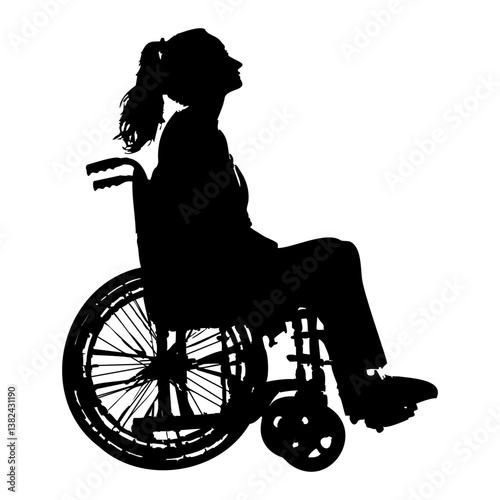 Full body silhouette of a young woman in a wheelchair, all in black.