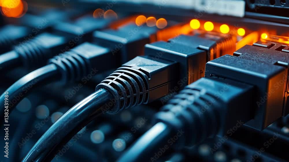 Close-up view of network cables connected to a server in a data center during nighttime operations Close-up view of network cables connected to a server in a data center during nighttime operations