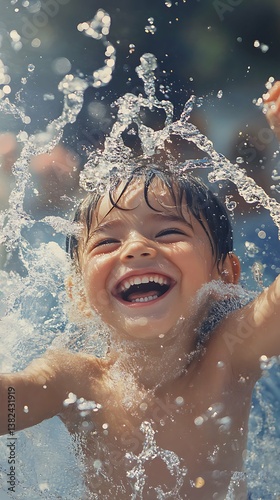 Happy little boy enjoying relaxing and splashing in water in water park, vertical photo
