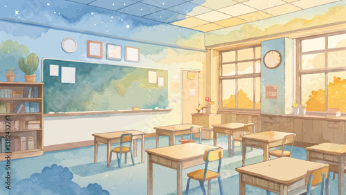 "Watercolor classroom background in soft blues and yellows, cozy educational space with copy space"