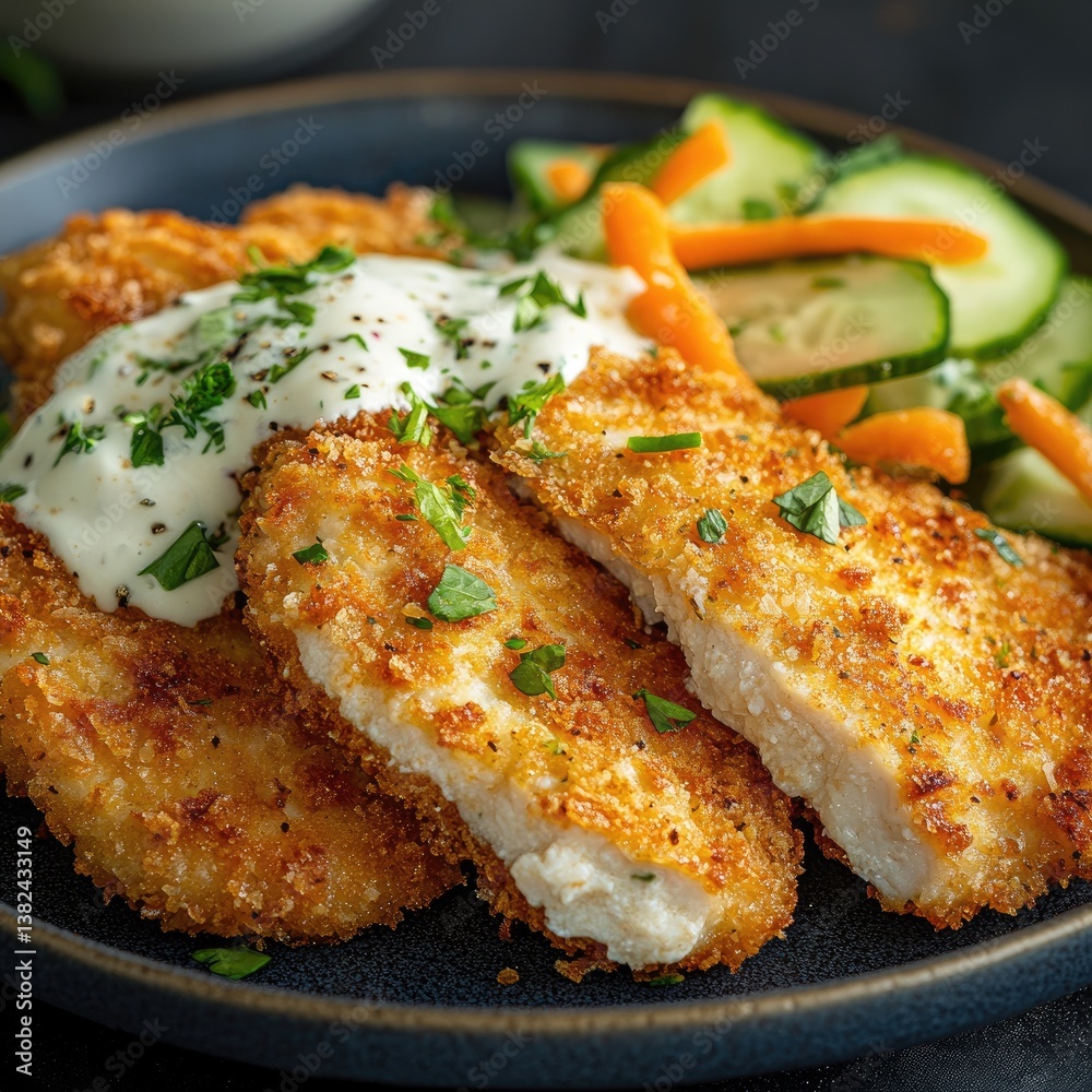 Crispy breaded chicken cutlets with creamy sauce and vegetable side Crispy breaded chicken cutlets with creamy sauce and vegetable side