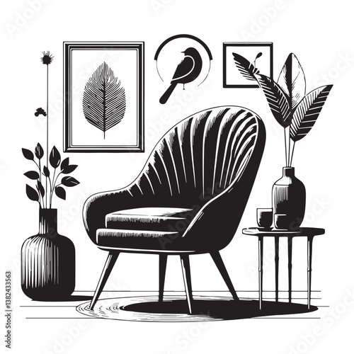 Black Color Accent Chair Silhouette Vector Illustration, Solid White Background
