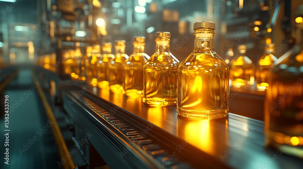 Bottles on conveyor belt in a food processing factory Bottles on conveyor belt in a food processing factory