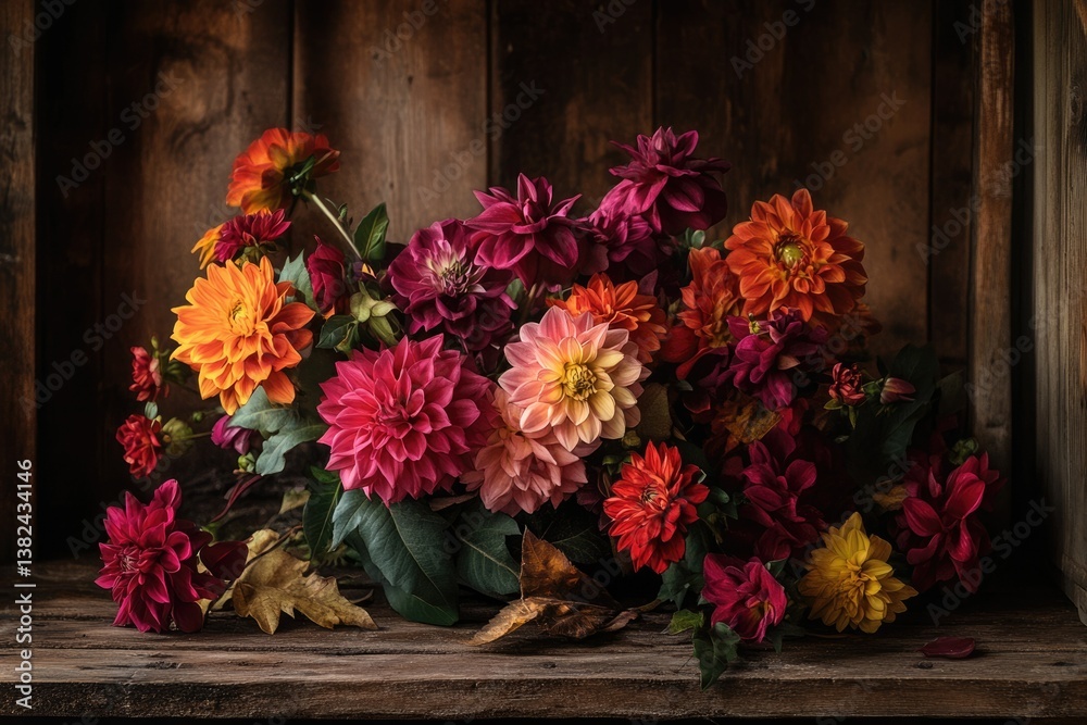 A vibrant autumnal bouquet of dahlias in various shades of red, orange, and pink, arranged on rustic wood.