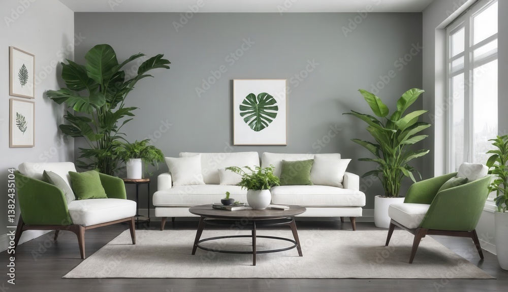 Simple Living Room with Three Armchairs, Sofa, and Central Coffee Table Simple Living Room with Three Armchairs, Sofa, and Central Coffee Table