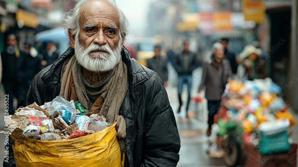 An old guy picking up trash in a crowded Indian street is a striking illustration of the brutal reality of poverty.
