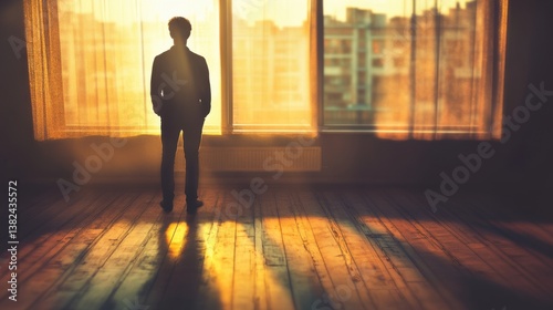 man silhouetted against sunset cityscape window