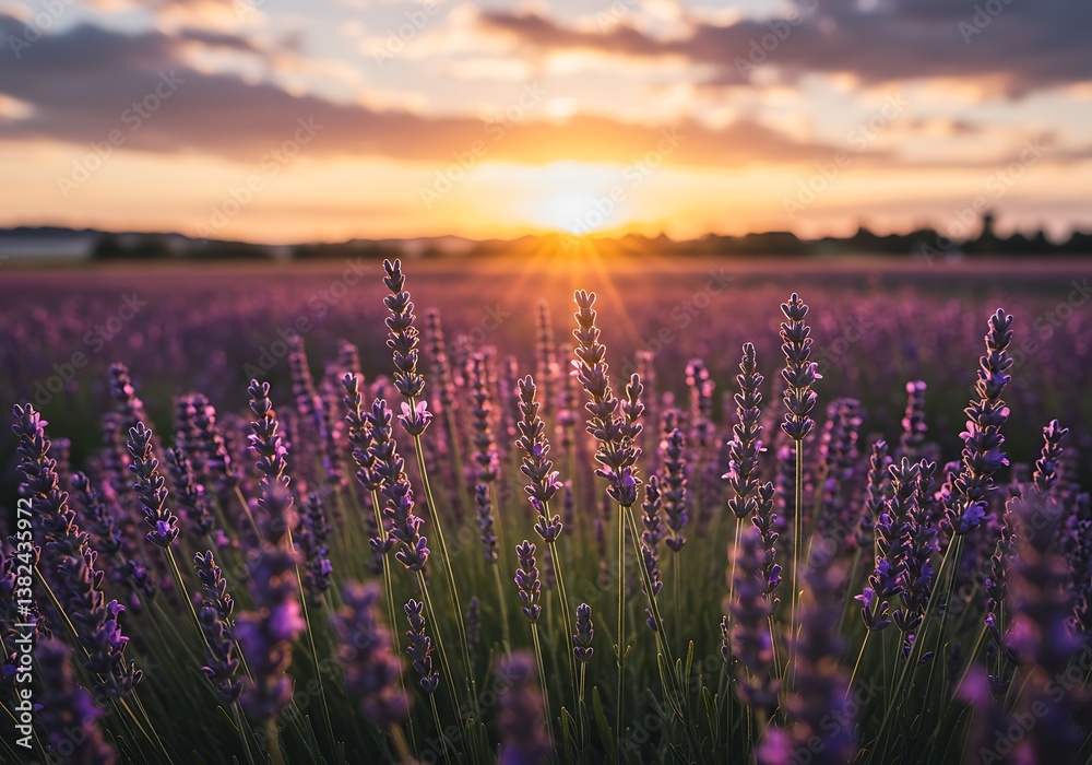 Naklejka premium Serene sunset illuminating a breathtaking lavender field, bathed in warm golden light and soft focus.