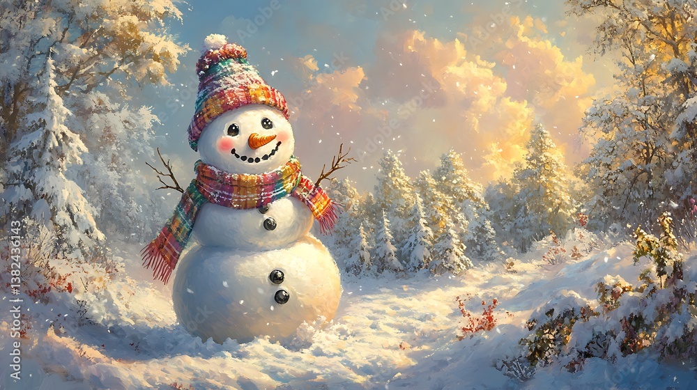 Fototapeta premium Cheerful snowman in snowy forest at sunset