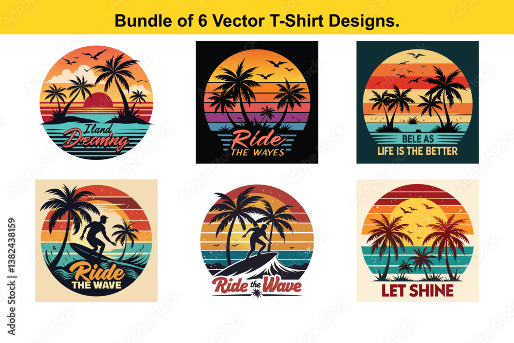 Obraz premium Bundle of 6 Vector TShirt Designs Beach Palm Trees and Vintage Sunset