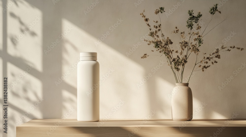 Stylish Minimalist Home Decor Beige Bottle and Dried Flowers in Vase on Wooden Shelf Stylish Minimalist Home Decor Beige Bottle and Dried Flowers in Vase on Wooden Shelf