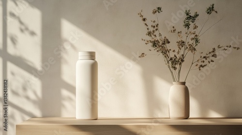 Stylish Minimalist Home Decor Beige Bottle and Dried Flowers in Vase on Wooden Shelf