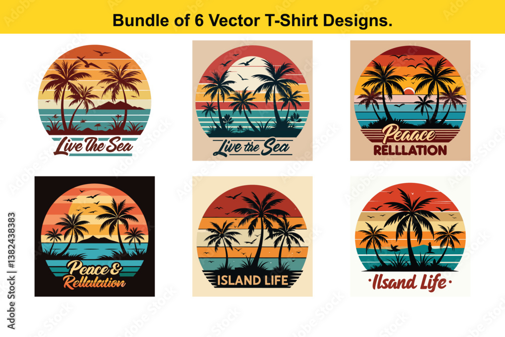Obraz premium Bundle of 6 Vector TShirt Designs Beach Sunset Palm Trees Retro Style