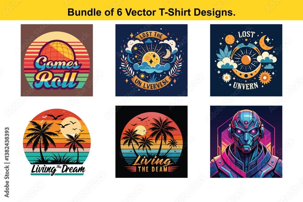 Naklejka premium Bundle of 6 Vector TShirt Designs Beach Palm Trees and Vintage Sunset