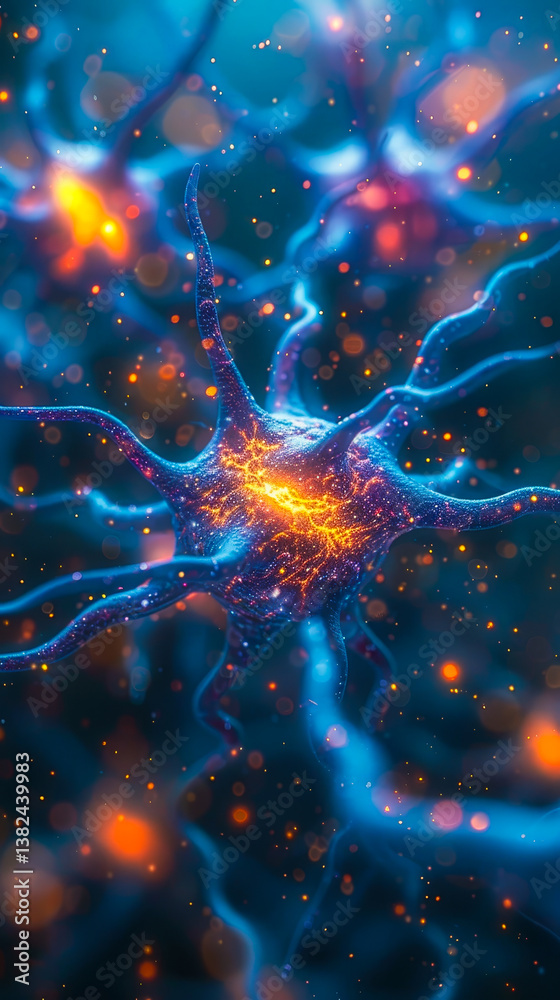 Close-up of Vibrant Neuron with Intertwining Dendrites and Glowing Synapses, Depicting Neural Connections, Brain Activity, and Cognitive Function in a Biologically Illuminated Network Close-up of Vibrant Neuron with Intertwining Dendrites and Glowing Synapses, Depicting Neural Connections, Brain Activity, and Cognitive Function in a Biologically Illuminated Network
