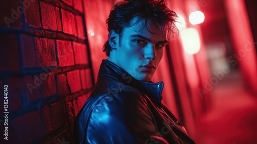 stylish man in leather jacket neon lights brick wall background photo