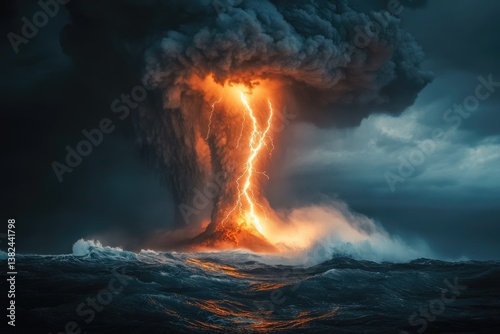 Volcanic eruption with lightning striking amidst raging ocean waves, a dramatic and powerful natural phenomenon.