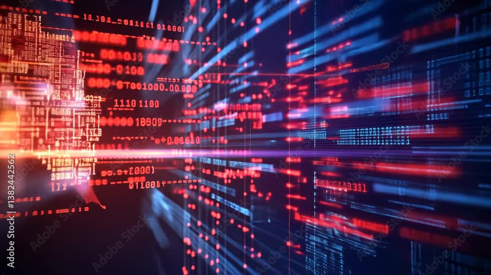 Digital data flow depicting cyber security analysis and technology advancement in a futuristic environment