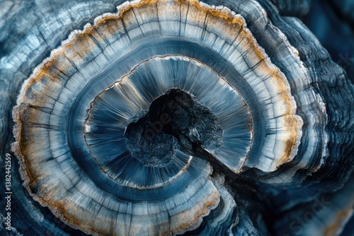 Intricate concentric rings of a geological formation, showcasing shades of blue and gold, resembling a cross-section of a tree or mineral.