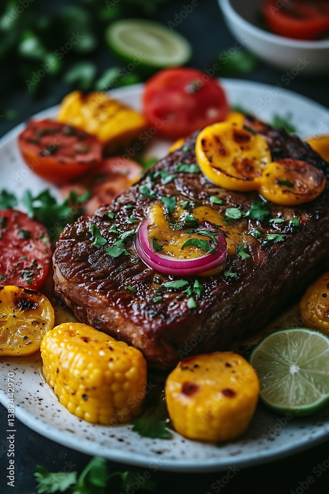 Fototapeta premium Grilled Steak with Vegetables Plate Close Up Delicious Meal