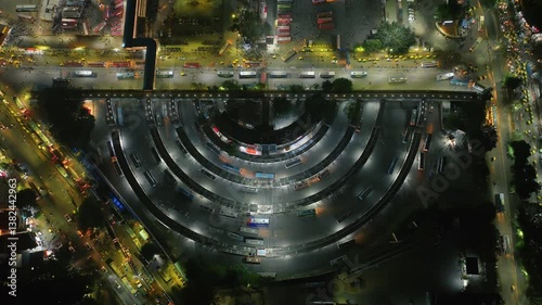 The Semicircular Concentric pattern of the infamous Majestic Bus Stand in Bangalore, India. Night Aerial view of the perfectly planned city, Bengaluru.